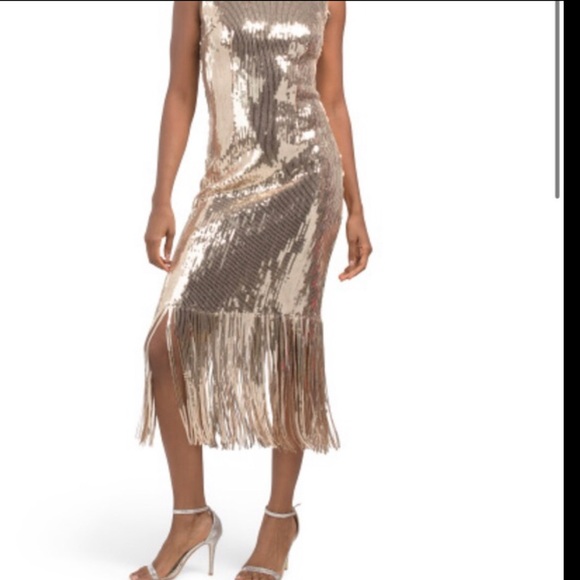 Nanette lepore gold Sequin Fringe flapper style low cut back Midi-Dress size 10 - Picture 2 of 15
